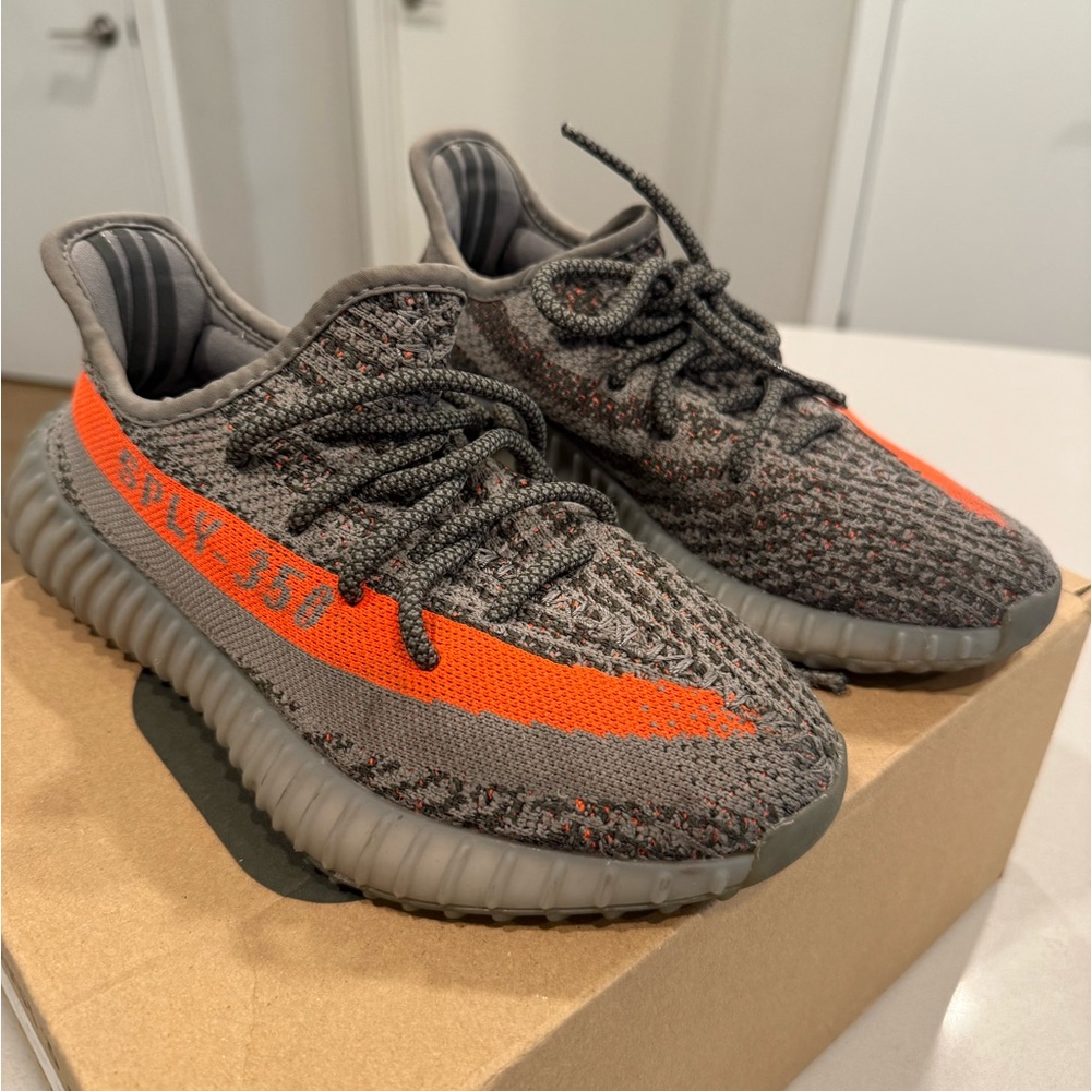 Yeezy Boost 350 V2 Grey with Orange Stripe Kids Sneakers